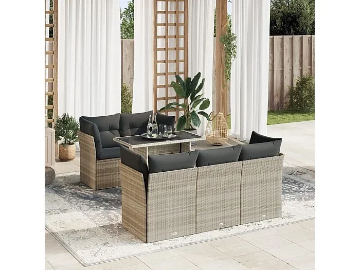 Set de sofás de jardín 6 piezas y cojines ratán sintético gris