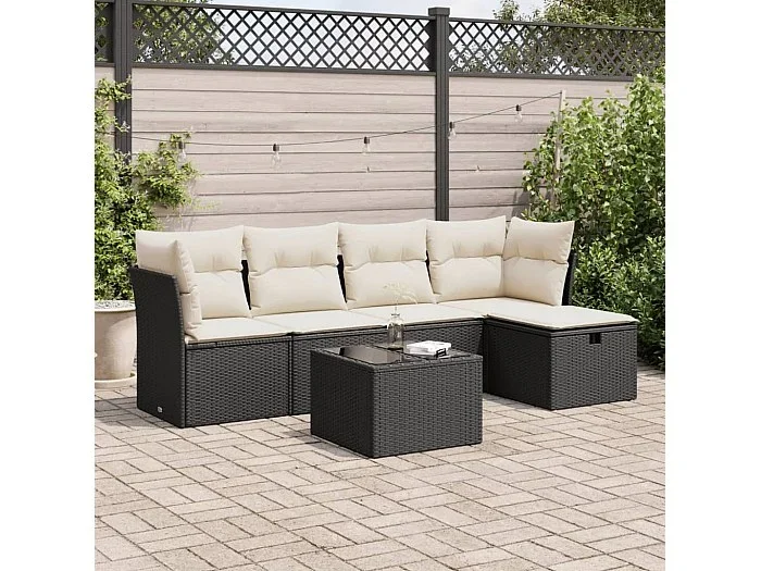 Set de sofás de jardín 6 piezas y cojines ratán sintético negro