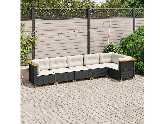 Set de sofás de jardín 6 piezas y cojines ratán sintético negro
