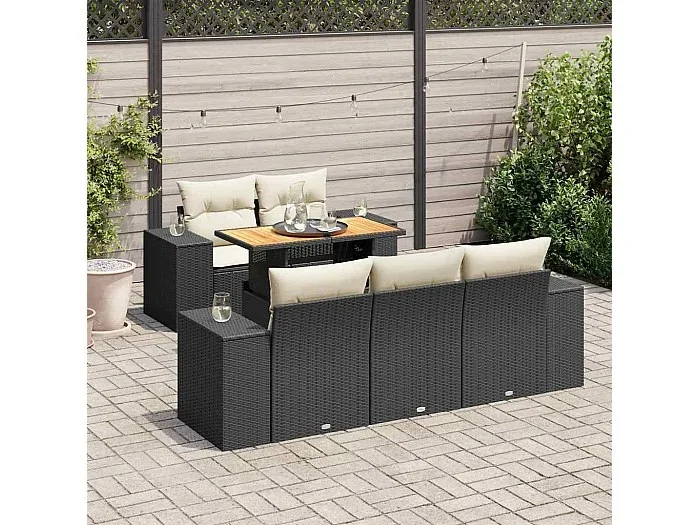 Set de sofás de jardín 6 piezas y cojines ratán sintético negro