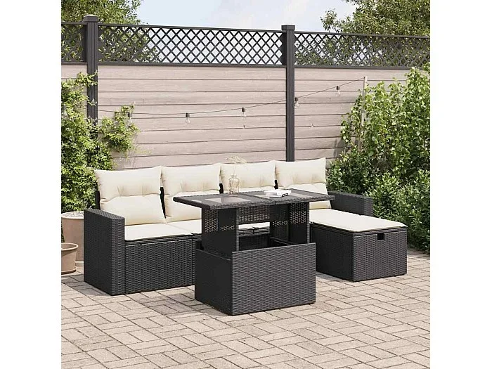 Set de sofás de jardín 6 piezas y cojines ratán sintético negro