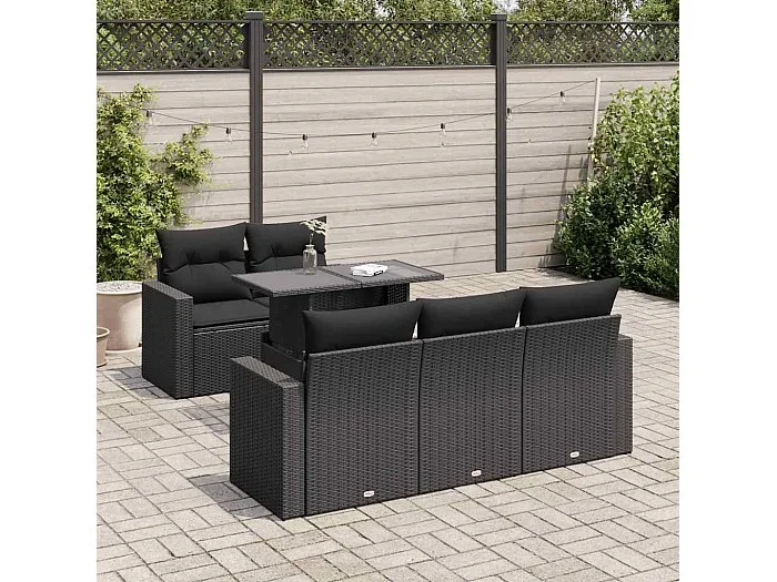 Set de sofás de jardín 6 piezas y cojines ratán sintético negro