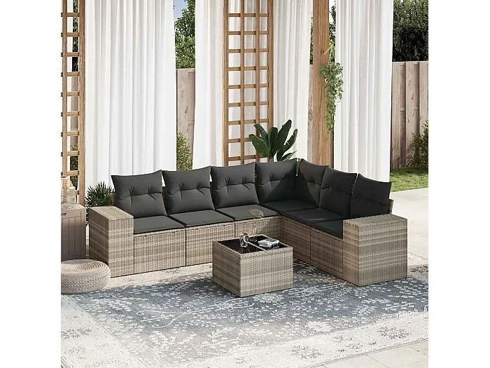 Set de sofás de jardín 7 piezas con cojines ratán PE gris claro