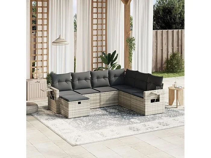 Set de sofás de jardín 7 piezas con cojines ratán PE gris claro