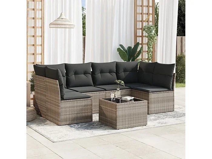 Set de sofás de jardín 7 piezas con cojines ratán PE gris claro