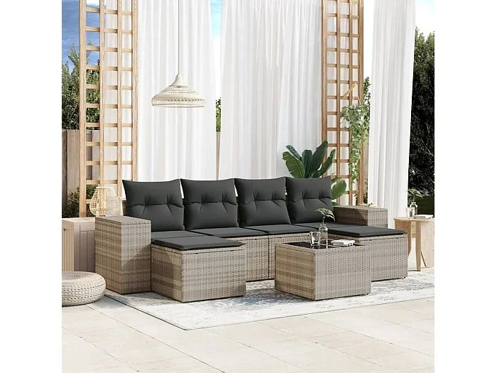 Set de sofás de jardín 7 piezas con cojines ratán PE gris claro