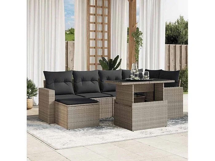 Set de sofás de jardín 7 piezas con cojines ratán PE gris claro