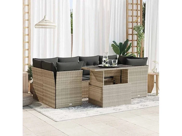 Set de sofás de jardín 7 piezas con cojines ratán PE gris claro