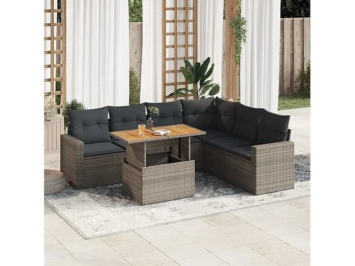 Set de sofás de jardín 7 piezas con cojines ratán sintético gris