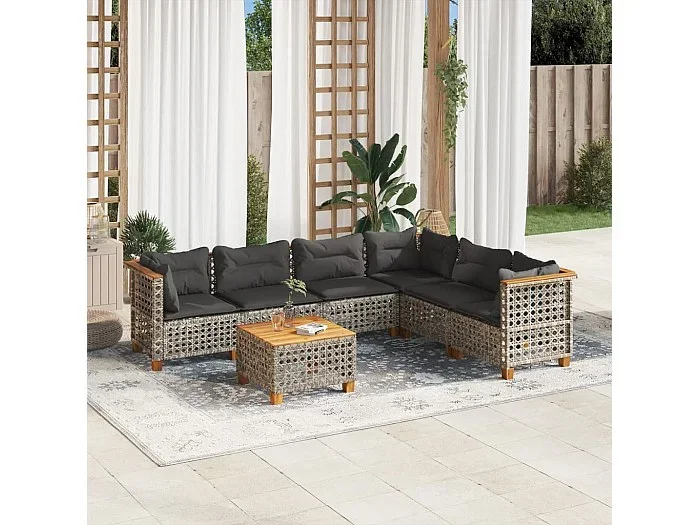Set de sofás de jardín 7 piezas con cojines ratán sintético gris