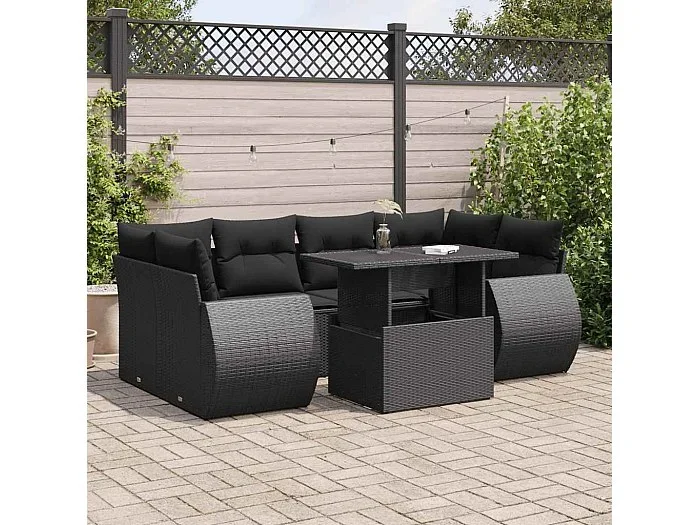 Set de sofás de jardín 7 piezas con cojines ratán sintético negro