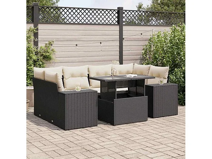 Set de sofás de jardín 7 piezas con cojines ratán sintético negro