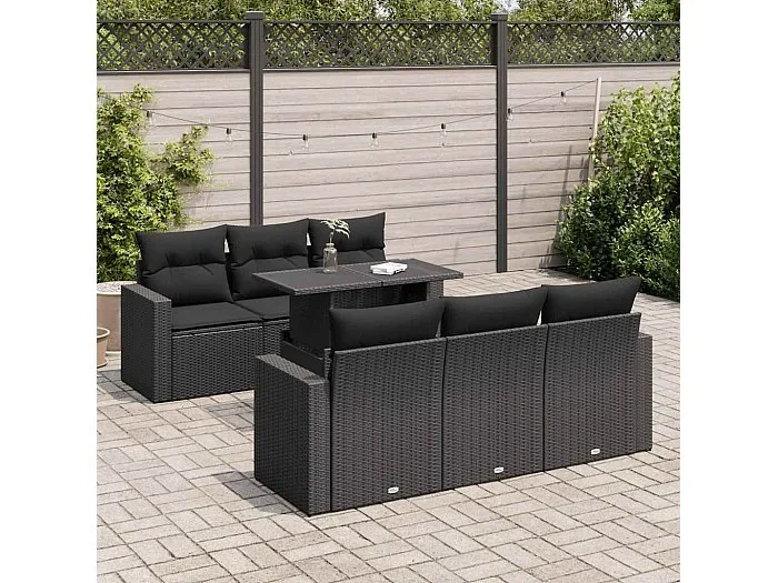 Set de sofás de jardín 7 piezas con cojines ratán sintético negro