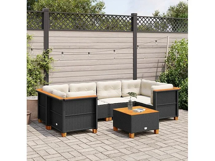 Set de sofás de jardín 7 piezas con cojines ratán sintético negro