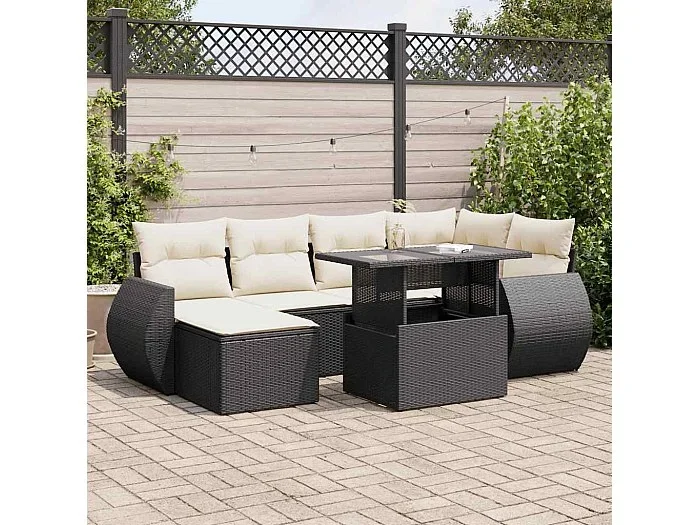 Set de sofás de jardín 7 piezas con cojines ratán sintético negro