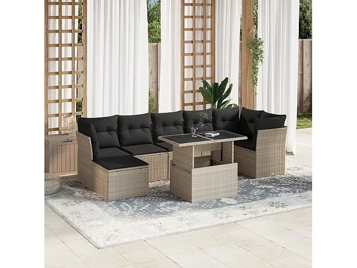 Set de sofás de jardín 8 piezas y cojines ratán sintético gris