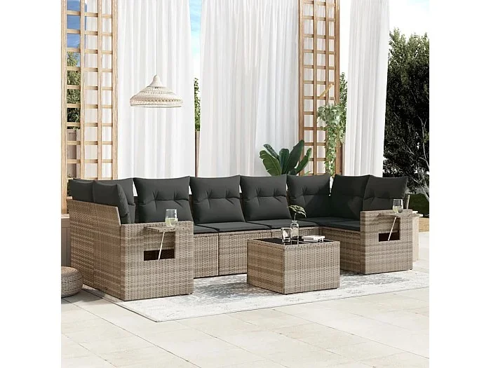 Set de sofás de jardín 8 piezas y cojines ratán sintético gris