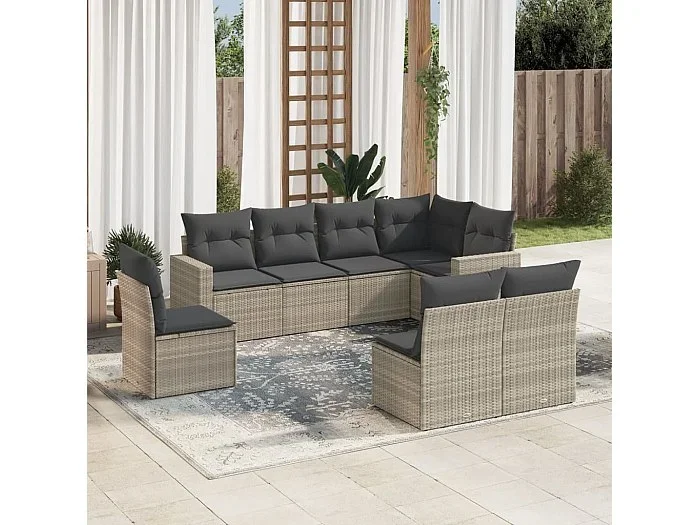 Set de sofás de jardín 8 piezas y cojines ratán sintético gris