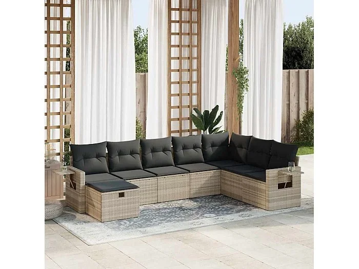 Set de sofás de jardín 8 piezas y cojines ratán sintético gris