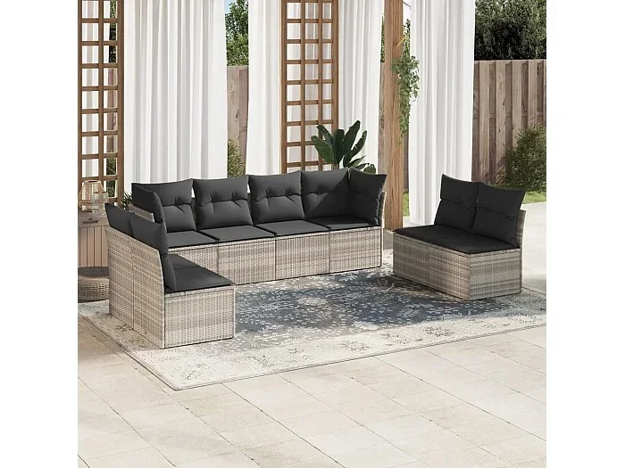 Set de sofás de jardín 8 piezas y cojines ratán sintético gris