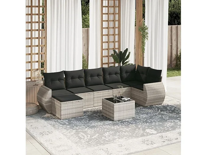 Set de sofás de jardín 8 piezas y cojines ratán sintético gris