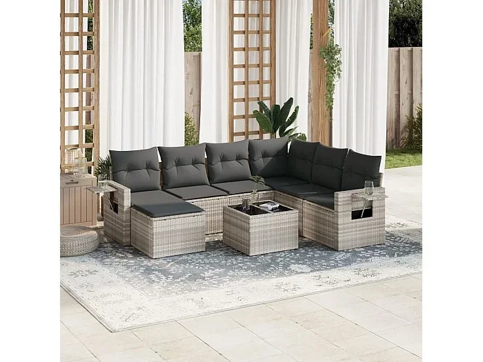 Set de sofás de jardín 8 piezas y cojines ratán sintético gris