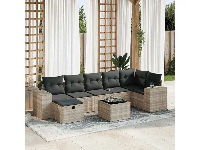 Set de sofás de jardín 8 piezas y cojines ratán sintético gris