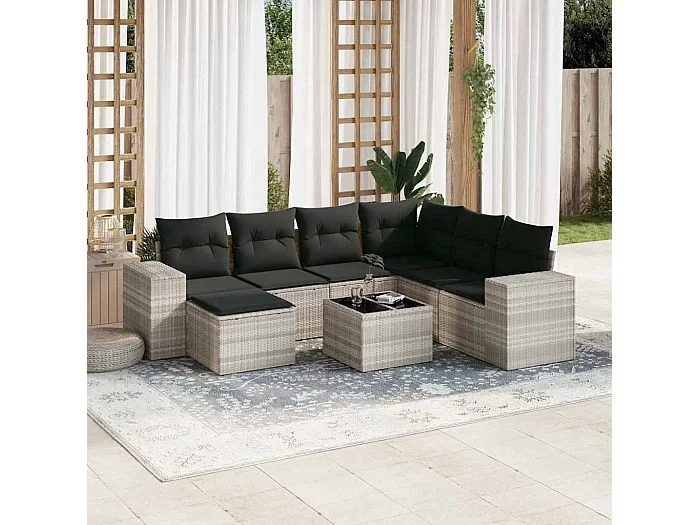 Set de sofás de jardín 8 piezas y cojines ratán sintético gris