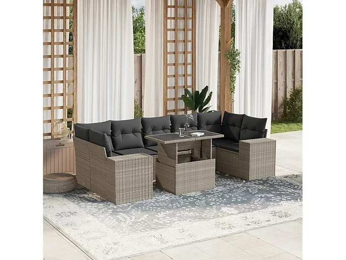 Set de sofás de jardín 8 piezas y cojines ratán sintético gris