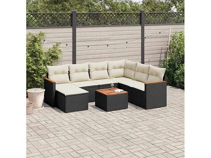 Set de sofás de jardín 8 piezas y cojines ratán sintético negro