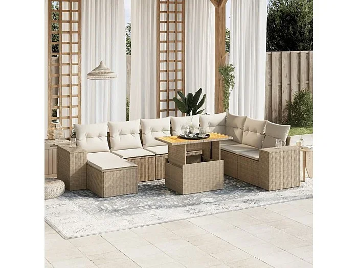 Set de sofás de jardín 9 piezas con cojines ratán sintético beige
