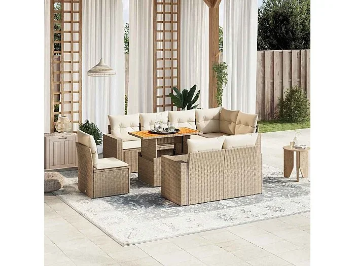 Set de sofás de jardín 9 piezas con cojines ratán sintético beige