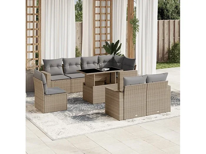 Set de sofás de jardín 9 piezas con cojines ratán sintético beige