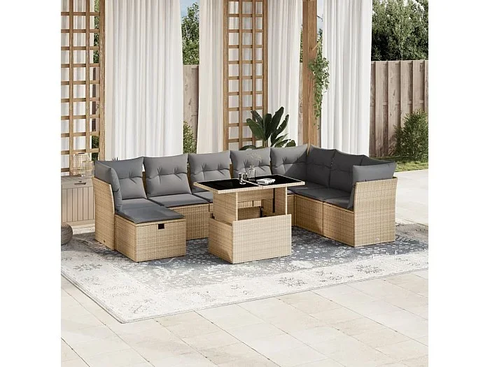 Set de sofás de jardín 9 piezas con cojines ratán sintético beige