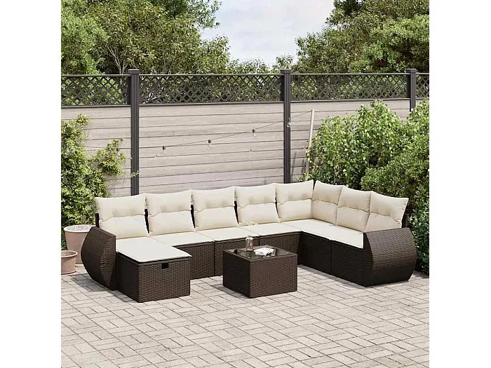 Set de sofás de jardín 9 piezas y cojines ratán sintético marrón