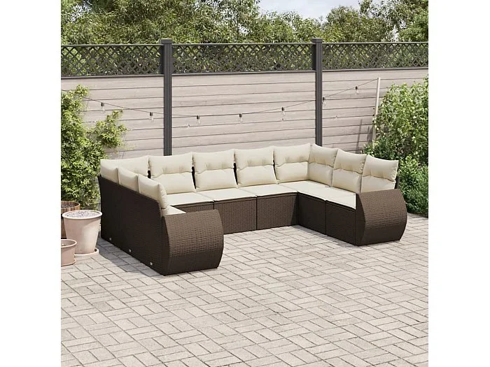 Set de sofás de jardín 9 piezas y cojines ratán sintético marrón