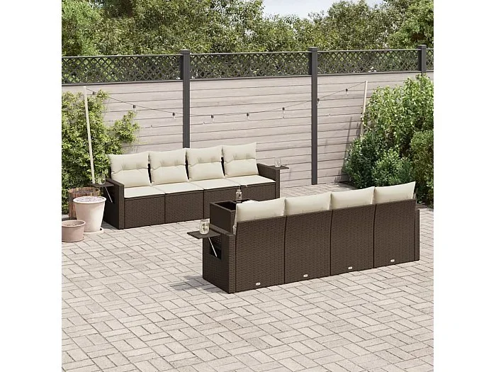 Set de sofás de jardín 9 piezas y cojines ratán sintético marrón
