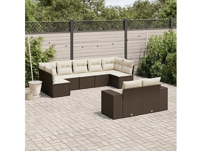 Set de sofás de jardín 9 piezas y cojines ratán sintético marrón
