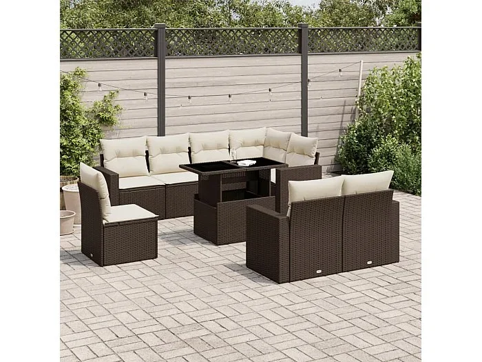 Set de sofás de jardín 9 piezas y cojines ratán sintético marrón