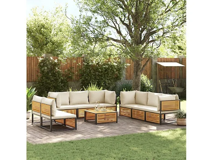 Set de sofás de jardín con cojines 9 piezas madera maciza acacia