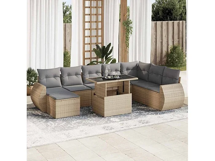 Set de sofás de jardín con cojines 9 piezas ratán sintético beige