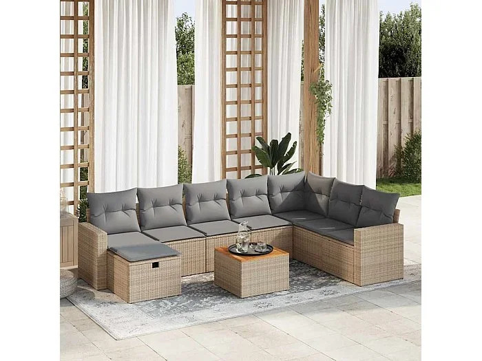 Set de sofás de jardín con cojines 9 piezas ratán sintético beige