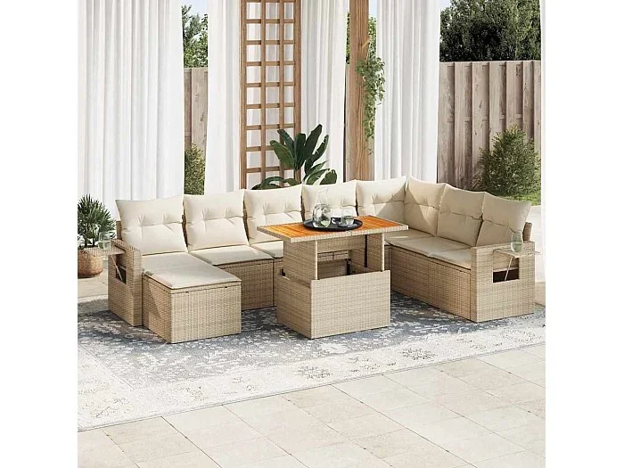 Set de sofás de jardín con cojines 9 piezas ratán sintético beige