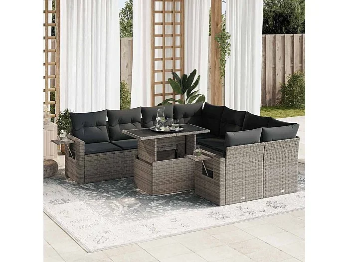 Set de sofás de jardín con cojines 9 piezas ratán sintético gris