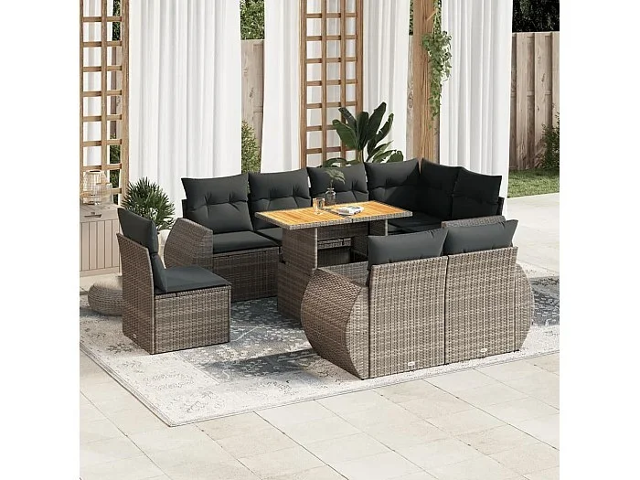 Set de sofás de jardín con cojines 9 piezas ratán sintético gris