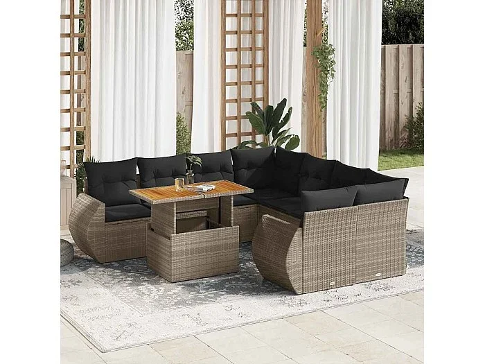 Set de sofás de jardín con cojines 9 piezas ratán sintético gris
