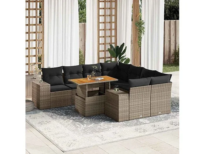 Set de sofás de jardín con cojines 9 piezas ratán sintético gris