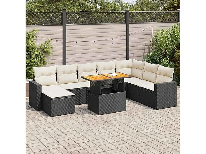 Set de sofás de jardín con cojines 9 piezas ratán sintético negro