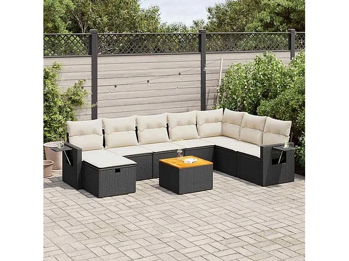 Set de sofás de jardín con cojines 9 piezas ratán sintético negro