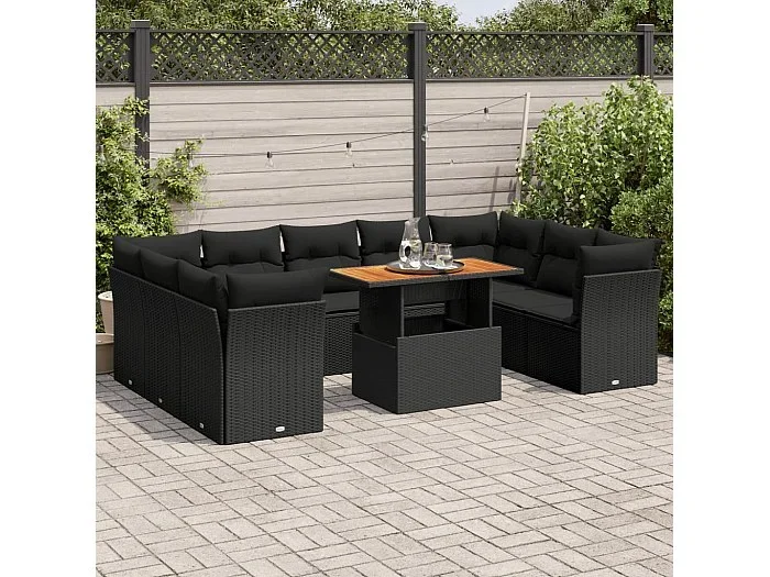 Set de sofás de jardín y cojines 10 piezas ratán sintético negro